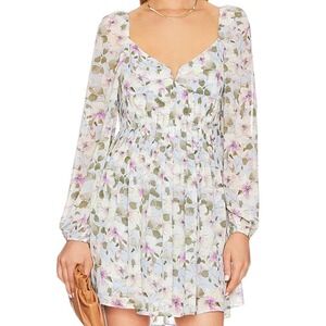 ASTR Carina Long Sleeve Pleated Floral Mini Dress Blue Multi Size Large Feminine